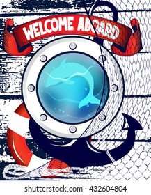 Marine background with nautical design elements. Vector illustration