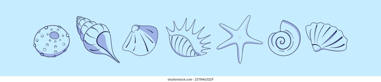 Marine background on a blue background. Shell, conch, starfish, sea urchin, underwater world. Vector eps 10