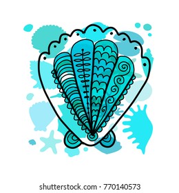 Marine background, ornate seashell for your design. Vector illustration