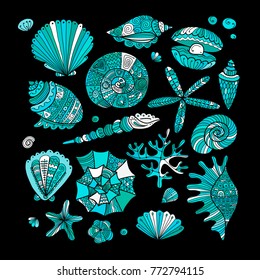 Marine background, ornate seashells for your design. Vector illustration