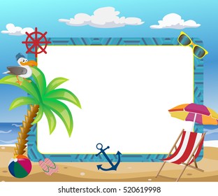 marine background with palm tree, beach, beach umbrella, anchor, points