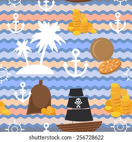 Marine background. Palms, anchor, steering wheel, pirate flag, gold, seamless pattern. Vector 