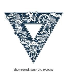 Marine background for print. Sea composition for sailor t-shirt. Nautical design form with ocean elements