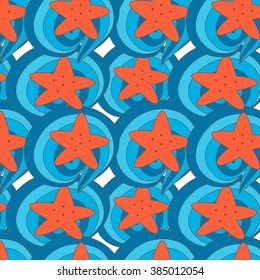 Marine background with red starfish. The pattern with stars and blue waves. Cheerful , bright summer vector background
