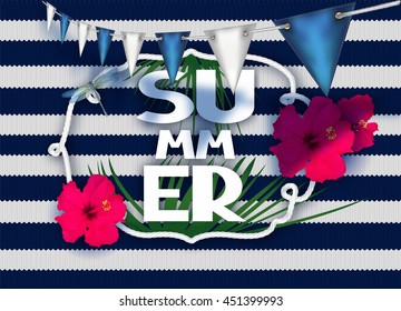 marine background with rope frame and flowers. Vector illustration