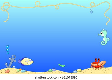Marine background with sea animal and sand sea bottom. Aquarium vector illustration with place for text. Underwater view with sand sea bottom, coral fish, crab, sea horse. Ocean nature cartoon banner
