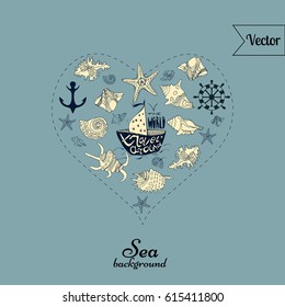 Marine background. Sea elements and ship. Nautical logo in the shape of heart with sea motifs. 