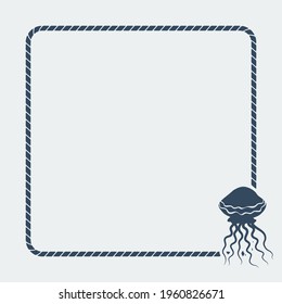 Marine background. Sea rope frame with jellyfish