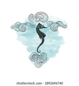 Marine background with seahorse and waves.  Vector illustration with blue watercolor element. Invitation, greeting card or an element for your design.