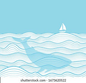 Marine background. Seamless horizontally. Sea landscape with yacht, sea waves and whale. Vector illustration.