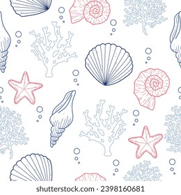 Marine background seamless pattern with conch, seashells, starfish, and nautilus