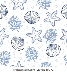 Marine background seamless pattern with seashells, corals and starfishes