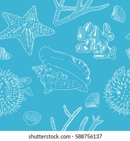 Marine background Seamless pattern. White silhouettes on blue. seashells, corals and starfish, corals, puffer fish. sketch style. for greetings, invitations, wrapping, textile, cards, web design.