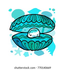Marine background, seashell with pearl for your design. Vector illustration