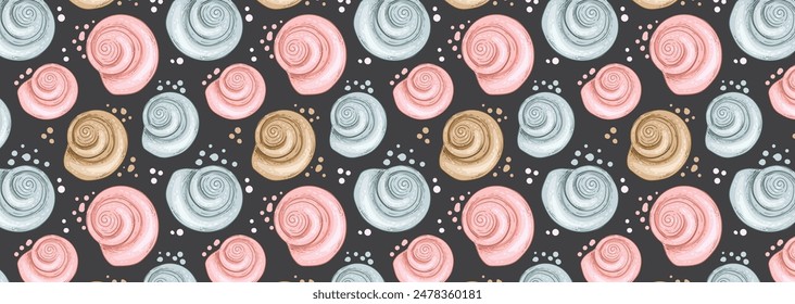 Marine background with shells of different pastel colors. Vector seamless pattern with snail shells. For fabric, textiles, decoration.