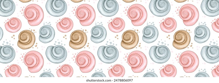 Marine background with shells of different pastel colors. Vector seamless pattern with snail shells. For fabric, textiles, decoration.