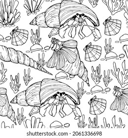 Marine background. Shells, mollusk, punished. Seaweed. Hand-drawn graphics, water world, wildlife. Background for children and adults. For painting, textiles, design, coloring, print. Stock illustrati