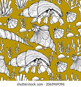 Marine background. Shells, mollusk, punished. Seaweed. Hand-drawn graphics, water world, wildlife. Background for children and adults. For painting, textiles, design, coloring, print. Stock illustrati