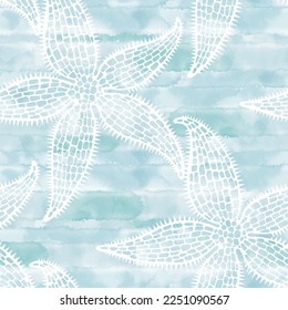 Marine background. Starfish on blue watercolor background. Seamless vector pattern. Perfect for wallpaper, wrapping, fabric and textile. 