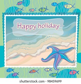 Marine background with starfish. Wishing a happy holiday.