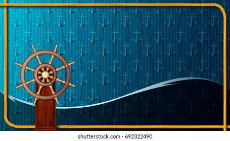Marine background with a steering wheel. Vector illustration.