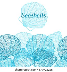 Marine background with stylized seashells. Design for cards, covers, brochures and advertising booklets.