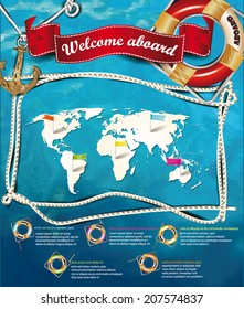 Marine background template with the sea design elements and world map