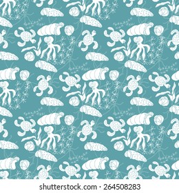 Marine background. Turtle, octopus, shells, seaweed. Seamless. Doodle