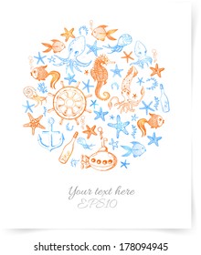 Marine background. Vector illustration. Card with blue and orange sea dwellers. 