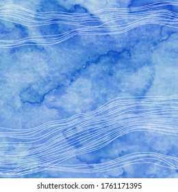 Fondo marino. Ilustración vectorial con espacio para texto. Olas sobre un fondo de color azul. Se puede utilizar para crear tarjeta o tarjeta de invitación. Arte de línea.