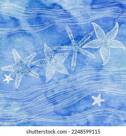 Marine background. Vector illustration. Waves, starfish on a blue watercolor background. Can be used creating card or invitation card. Line art.