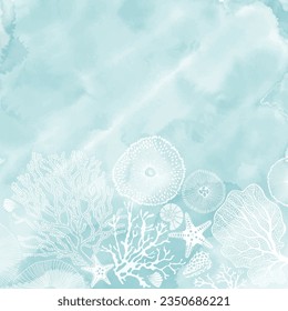 Marine background.  Vector template with hand-drawn sea creatures, shells,corals on blue watercolor background. Illustration with space for text, can be used creating card or invitation card. svg