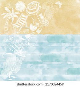 Marine background. Watercolor illustration with blue waves, sandy beach and graphic elements.  Can be used creating card or invitation card.