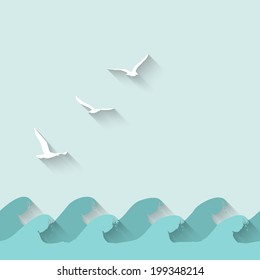 marine background with waves and birds - vector illustration. eps 10