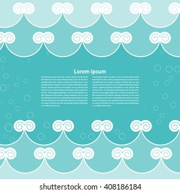 Marine background with waves and surfs. Cartoon style, flat design. Vector illustration