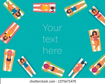 Marine background with a woman bathing on an inflatable mattress, view from above. Vector illustration. Empty space for text. Beach people.