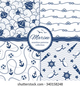 Marine backgrounds collection. Set of seamless sea patterns. Navy blue monochrome nautical backgrounds.