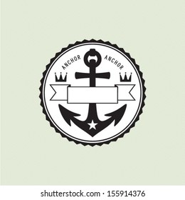 Marine badge with anchor and crowns, hipster design element, vector