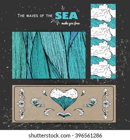 marine banner collection. hand drawn sea waves decoration. cute cartoon style
