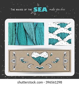 marine banner collection. hand drawn sea waves decoration. cute cartoon style