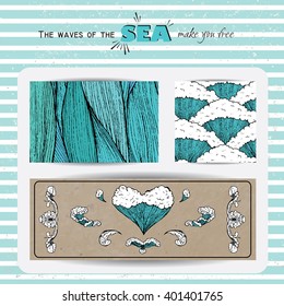 marine banner collection. hand drawn sea waves decoration. cute cartoon style