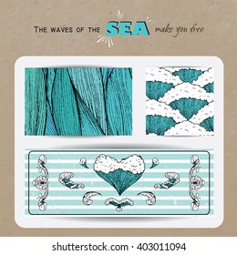 marine banner collection. hand drawn sea waves decoration. cute cartoon style