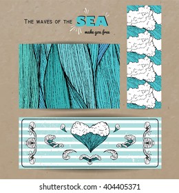 marine banner collection. hand drawn sea waves decoration. cute cartoon style