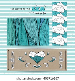 marine banner collection. hand drawn sea waves decoration. cute cartoon style