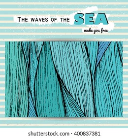 marine banner. hand drawn sea waves decoration on the striped background. abstract stripes