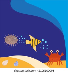 Marine banner-a template of fish and crab in the ocean. Vector isolated image for use in web design