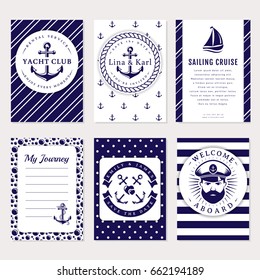 Marine banners, invitations and flyers set. Elegant card templates in white and navy blue colors. Sea wedding, yacht club, sailing cruise and other nautical themes. Vector collection.