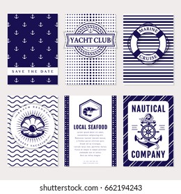 Marine banners, invitations and flyers set. Elegant card templates in white and navy blue colors. Sea wedding, yacht club, cruise, seafood, beach resort and other nautical themes. Vector collection.