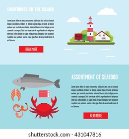 Marine banners with lighthouse, island, and seafood. There is a place for the header and text.
