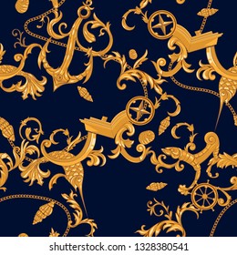 Marine baroque pattern with golden chains and anchors. Vector seamless patch for scarfs, print, fabric.